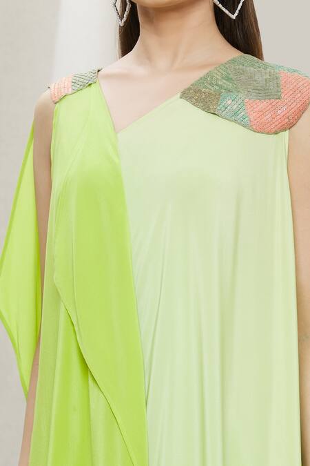 Megha Garg Green Crepe Sequins V Neck Colourblock Draped Dress at Aza Fashions Megha Garg_Green Crepe Sequins V Neck Colourblock Draped Dress _at_Aza_Fashions