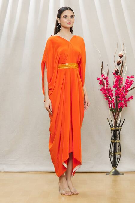 Megha Garg Orange Crepe Sequins, Beads V Neck Draped Jumpsuit Online at Aza Fashions Megha Garg_Orange Crepe Sequins, Beads V Neck Draped Jumpsuit _Online_at_Aza_Fashions
