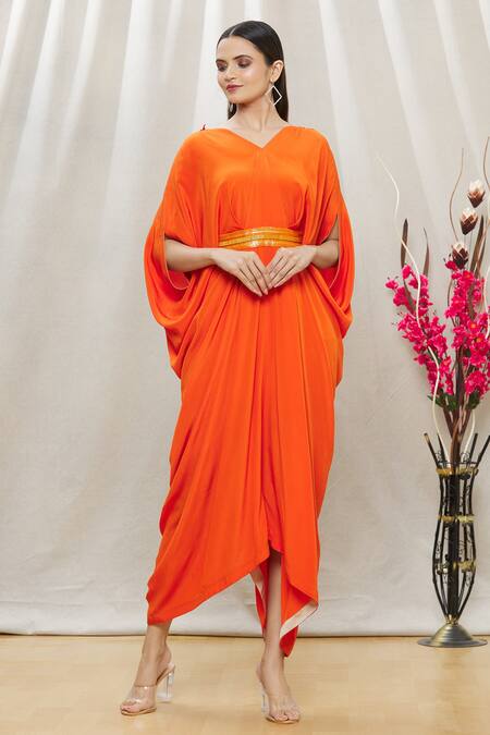 Buy Megha Garg Orange Crepe Sequins, Beads V Neck Draped Jumpsuit Online at Aza Fashions Buy_Megha Garg_Orange Crepe Sequins, Beads V Neck Draped Jumpsuit _Online_at_Aza_Fashions
