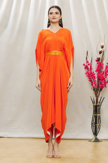 Shop Megha Garg Orange Crepe Sequins, Beads V Neck Draped Jumpsuit Online at Aza Fashions Shop_Megha Garg_Orange Crepe Sequins, Beads V Neck Draped Jumpsuit _Online_at_Aza_Fashions