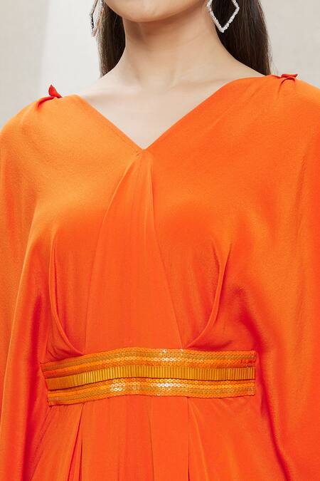 Megha Garg Orange Crepe Sequins, Beads V Neck Draped Jumpsuit at Aza Fashions Megha Garg_Orange Crepe Sequins, Beads V Neck Draped Jumpsuit _at_Aza_Fashions