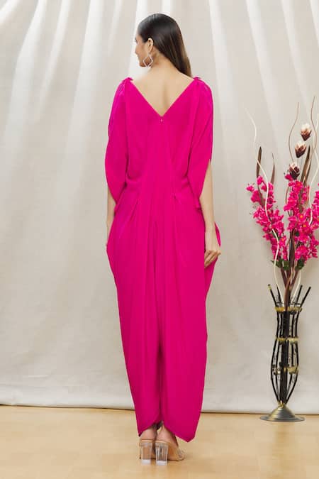 Shop Megha Garg Pink Crepe Sequins V Neck Draped Jumpsuit at Aza Fashions Shop_Megha Garg_Pink Crepe Sequins V Neck Draped Jumpsuit _at_Aza_Fashions