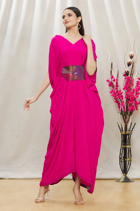 Megha Garg Pink Crepe Sequins V Neck Draped Jumpsuit Online at Aza Fashions Megha Garg_Pink Crepe Sequins V Neck Draped Jumpsuit _Online_at_Aza_Fashions