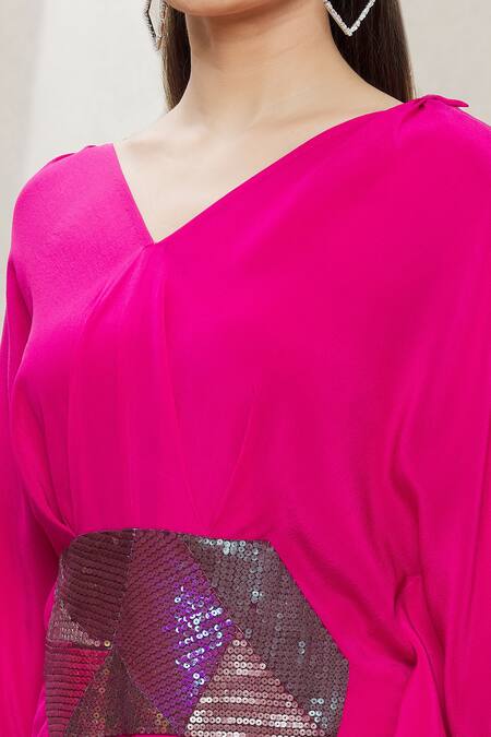 Megha Garg Pink Crepe Sequins V Neck Draped Jumpsuit at Aza Fashions Megha Garg_Pink Crepe Sequins V Neck Draped Jumpsuit _at_Aza_Fashions