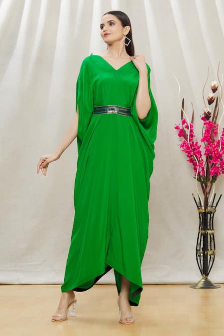 Megha Garg Green Crepe Sequins, Beads V Neck Draped Jumpsuit