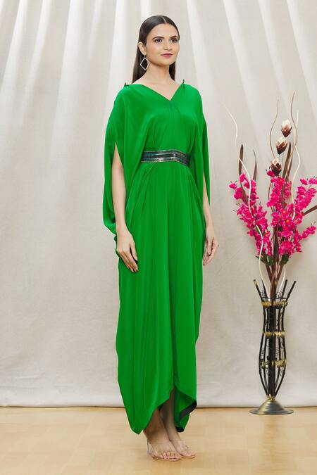 Megha Garg Green Crepe Sequins, Beads V Neck Draped Jumpsuit Online at Aza Fashions Megha Garg_Green Crepe Sequins, Beads V Neck Draped Jumpsuit _Online_at_Aza_Fashions