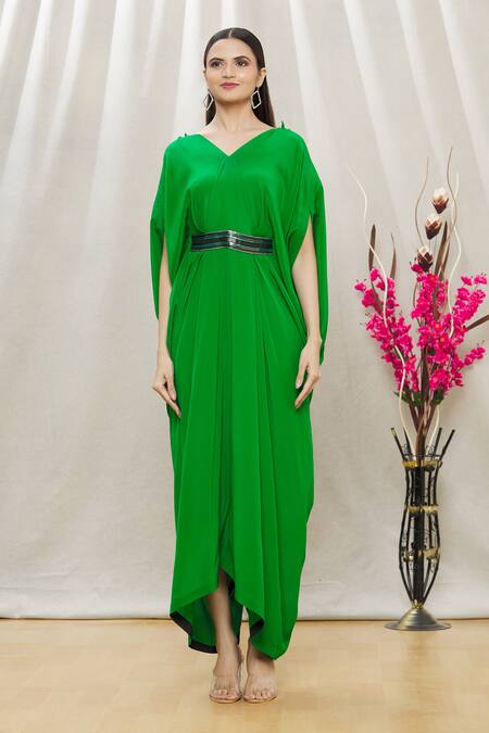 Shop Megha Garg Green Crepe Sequins, Beads V Neck Draped Jumpsuit Online at Aza Fashions Shop_Megha Garg_Green Crepe Sequins, Beads V Neck Draped Jumpsuit _Online_at_Aza_Fashions