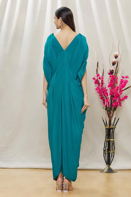 Shop Megha Garg Blue Crepe Sequins V Neck Draped Jumpsuit at Aza Fashions Shop_Megha Garg_Blue Crepe Sequins V Neck Draped Jumpsuit _at_Aza_Fashions