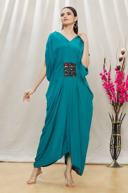 Buy Megha Garg Blue Crepe Sequins V Neck Draped Jumpsuit Online at Aza Fashions Buy_Megha Garg_Blue Crepe Sequins V Neck Draped Jumpsuit _Online_at_Aza_Fashions