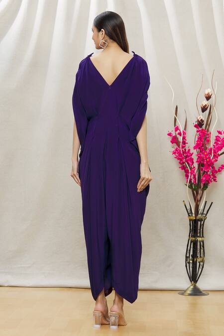 Shop Megha Garg Purple Crepe Sequins V Neck Draped Jumpsuit at Aza Fashions Shop_Megha Garg_Purple Crepe Sequins V Neck Draped Jumpsuit _at_Aza_Fashions
