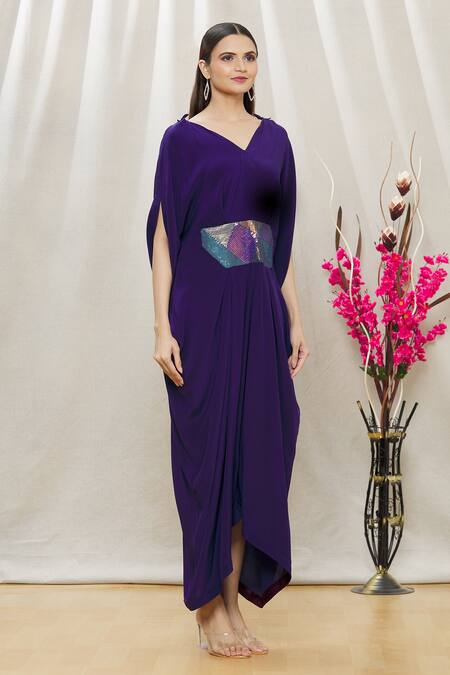 Megha Garg Purple Crepe Sequins V Neck Draped Jumpsuit Online at Aza Fashions Megha Garg_Purple Crepe Sequins V Neck Draped Jumpsuit _Online_at_Aza_Fashions
