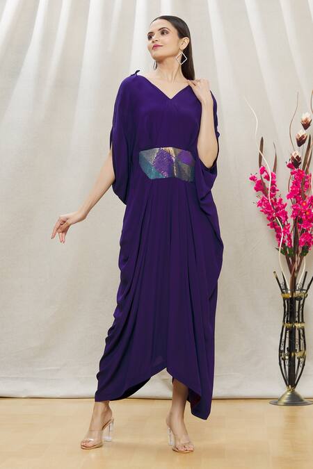 Buy Megha Garg Purple Crepe Sequins V Neck Draped Jumpsuit Online at Aza Fashions Buy_Megha Garg_Purple Crepe Sequins V Neck Draped Jumpsuit _Online_at_Aza_Fashions