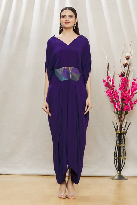 Shop Megha Garg Purple Crepe Sequins V Neck Draped Jumpsuit Online at Aza Fashions Shop_Megha Garg_Purple Crepe Sequins V Neck Draped Jumpsuit _Online_at_Aza_Fashions