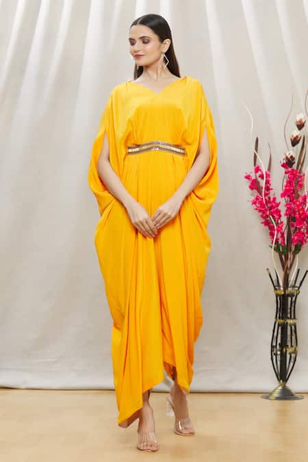 Megha Garg Yellow Crepe Sequins, Beads V Neck Draped Jumpsuit