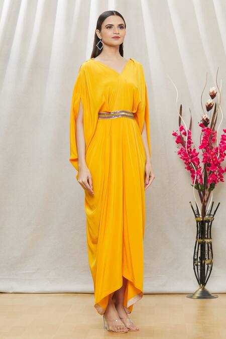 Megha Garg Yellow Crepe Sequins, Beads V Neck Draped Jumpsuit Online at Aza Fashions Megha Garg_Yellow Crepe Sequins, Beads V Neck Draped Jumpsuit _Online_at_Aza_Fashions