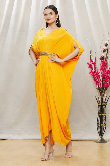 Buy Megha Garg Yellow Crepe Sequins, Beads V Neck Draped Jumpsuit Online at Aza Fashions Buy_Megha Garg_Yellow Crepe Sequins, Beads V Neck Draped Jumpsuit _Online_at_Aza_Fashions