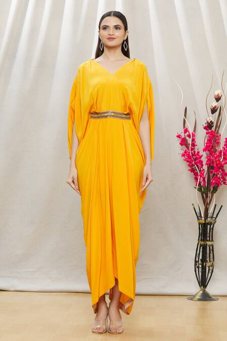 Shop Megha Garg Yellow Crepe Sequins, Beads V Neck Draped Jumpsuit Online at Aza Fashions Shop_Megha Garg_Yellow Crepe Sequins, Beads V Neck Draped Jumpsuit _Online_at_Aza_Fashions