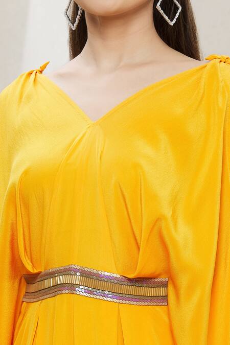 Megha Garg Yellow Crepe Sequins, Beads V Neck Draped Jumpsuit at Aza Fashions Megha Garg_Yellow Crepe Sequins, Beads V Neck Draped Jumpsuit _at_Aza_Fashions