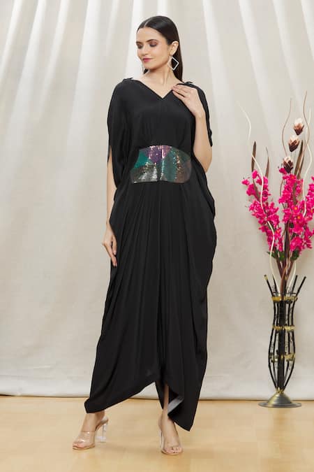 Megha Garg Black Crepe Sequins V Neck Draped Jumpsuit