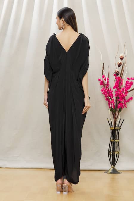 Shop Megha Garg Black Crepe Sequins V Neck Draped Jumpsuit at Aza Fashions Shop_Megha Garg_Black Crepe Sequins V Neck Draped Jumpsuit _at_Aza_Fashions