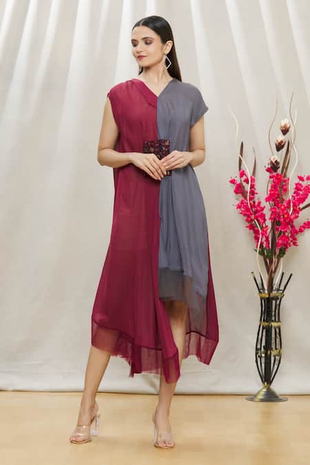 Megha Garg Maroon Chiffon Sequins V Neck Colourblock Draped Dress