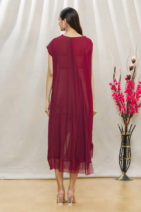 Shop Megha Garg Maroon Chiffon Sequins V Neck Colourblock Draped Dress at Aza Fashions Shop_Megha Garg_Maroon Chiffon Sequins V Neck Colourblock Draped Dress _at_Aza_Fashions
