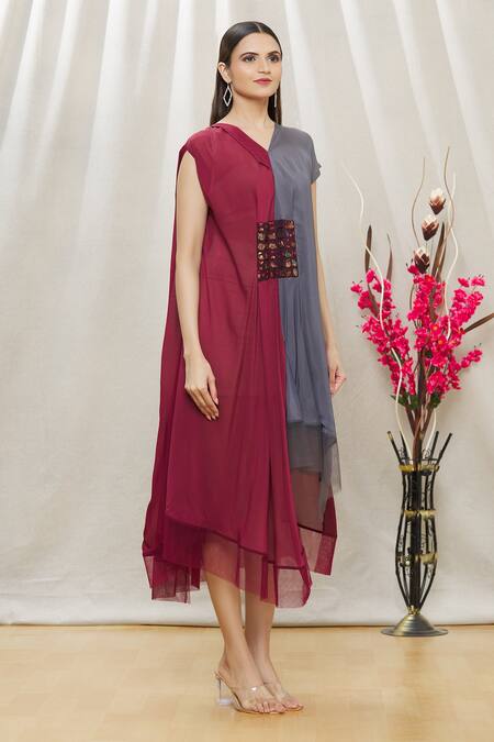 Megha Garg Maroon Chiffon Sequins V Neck Colourblock Draped Dress Online at Aza Fashions Megha Garg_Maroon Chiffon Sequins V Neck Colourblock Draped Dress _Online_at_Aza_Fashions