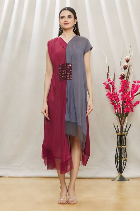 Shop Megha Garg Maroon Chiffon Sequins V Neck Colourblock Draped Dress Online at Aza Fashions Shop_Megha Garg_Maroon Chiffon Sequins V Neck Colourblock Draped Dress _Online_at_Aza_Fashions