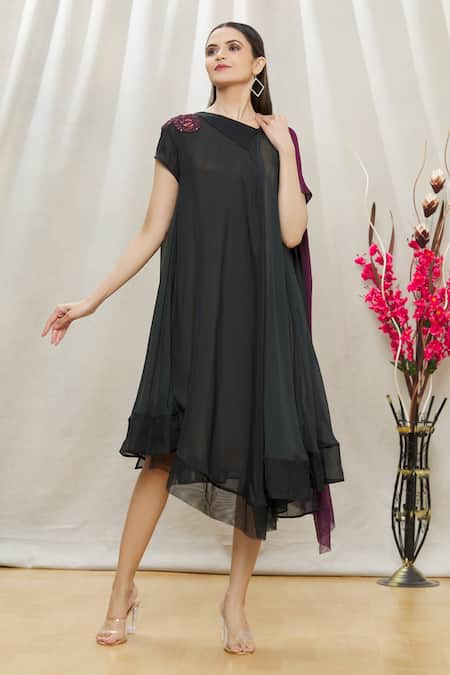 Megha Garg Purple Sandwash Satin Sequins V Neck Colourblock Draped Dress