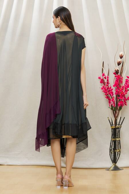 Shop Megha Garg Purple Sandwash Satin Sequins V Neck Colourblock Draped Dress at Aza Fashions Shop_Megha Garg_Purple Sandwash Satin Sequins V Neck Colourblock Draped Dress _at_Aza_Fashions