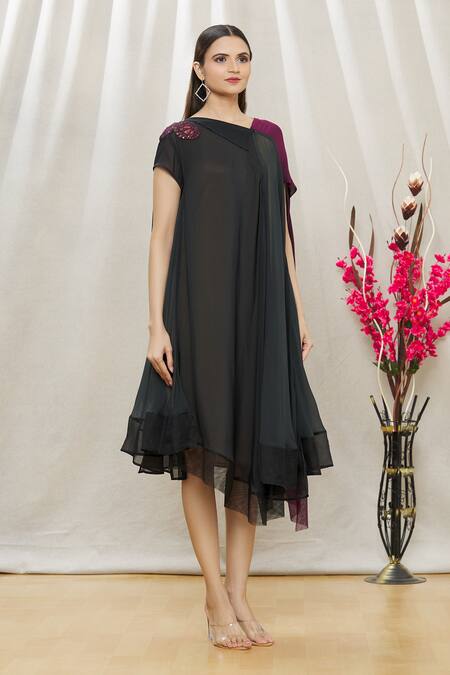 Megha Garg Purple Sandwash Satin Sequins V Neck Colourblock Draped Dress Online at Aza Fashions Megha Garg_Purple Sandwash Satin Sequins V Neck Colourblock Draped Dress _Online_at_Aza_Fashions