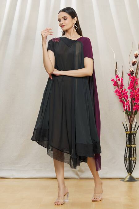 Buy Megha Garg Purple Sandwash Satin Sequins V Neck Colourblock Draped Dress Online at Aza Fashions Buy_Megha Garg_Purple Sandwash Satin Sequins V Neck Colourblock Draped Dress _Online_at_Aza_Fashions