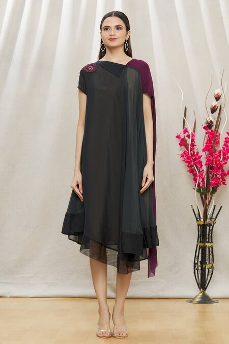 Shop Megha Garg Purple Sandwash Satin Sequins V Neck Colourblock Draped Dress Online at Aza Fashions Shop_Megha Garg_Purple Sandwash Satin Sequins V Neck Colourblock Draped Dress _Online_at_Aza_Fashions