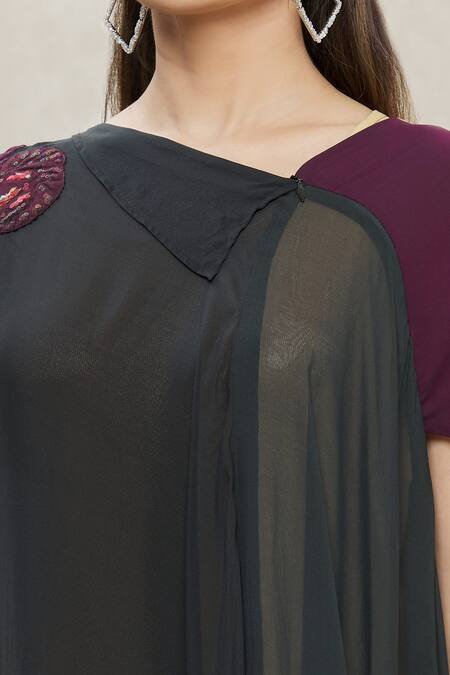 Megha Garg Purple Sandwash Satin Sequins V Neck Colourblock Draped Dress at Aza Fashions Megha Garg_Purple Sandwash Satin Sequins V Neck Colourblock Draped Dress _at_Aza_Fashions