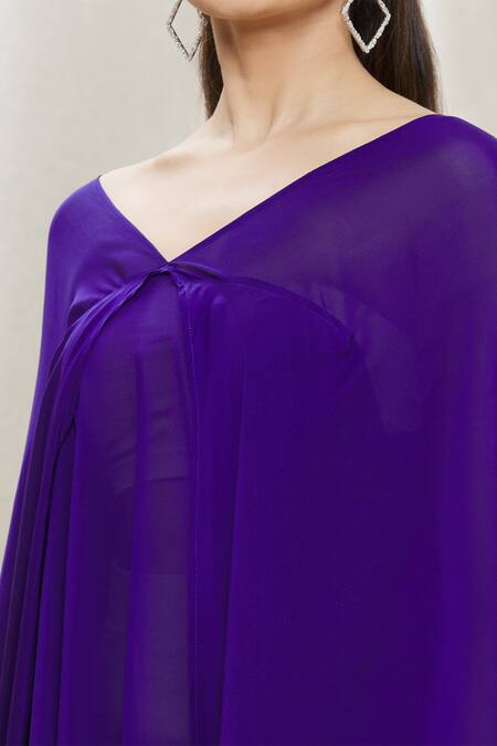 Megha Garg Blue Chiffon, Satin V Neck Cape Style Dress at Aza Fashions Megha Garg_Blue Chiffon, Satin V Neck Cape Style Dress _at_Aza_Fashions