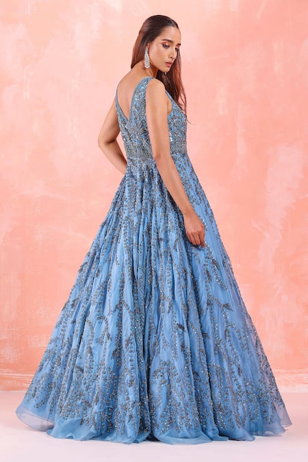 Shop Mirroir Blue Organza Lining Shantoon Sequin And Bugle Beads Leaf Embroidered Flared Gown at Aza Fashions Shop_Mirroir_Blue Organza Lining Shantoon Sequin And Bugle Beads Leaf Embroidered Flared Gown _at_Aza_Fashions
