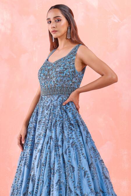 Mirroir Blue Organza Lining Shantoon Sequin And Bugle Beads Leaf Embroidered Flared Gown Online at Aza Fashions Mirroir_Blue Organza Lining Shantoon Sequin And Bugle Beads Leaf Embroidered Flared Gown _Online_at_Aza_Fashions