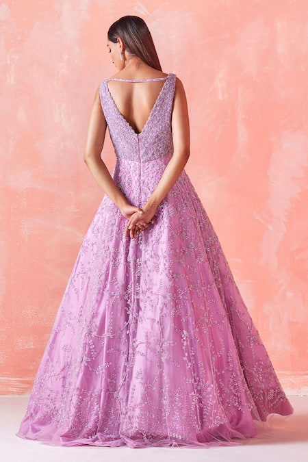 Shop Mirroir Pink Net Lining Shantoon Sequin And Bugle Beads Leaf Embroidered Sleeveless Gown at Aza Fashions Shop_Mirroir_Pink Net Lining Shantoon Sequin And Bugle Beads Leaf Embroidered Sleeveless Gown _at_Aza_Fashions