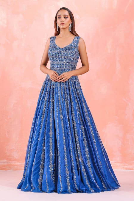 Buy Pink Italian Tulle Hand Embroidery Beads Leaf Neck Crystal Gown For  Women by Bhawna Rao Online at Aza Fashions.
