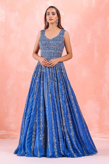 Mirroir Blue Organza Lining Shantoon Embroidery Sequin And Beads Flared Gown  