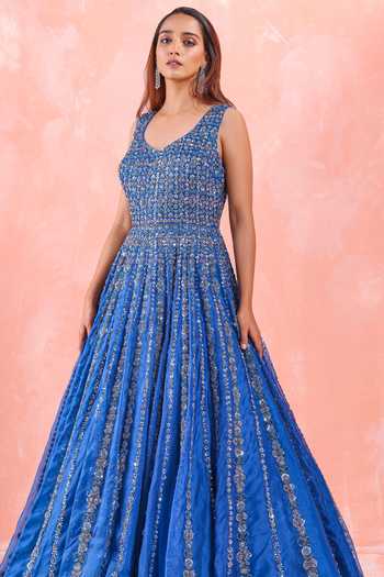 Mirroir_Blue Organza Lining Shantoon Sequin And Beads Leaf Neck Embroidered Flared Gown _Online_at_Aza_Fashions