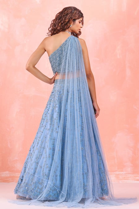 Shop Mirroir Blue Organza Lining Shantoon Sequin And Beads One Shoulder Blouse & Lehenga Set at Aza Fashions Shop_Mirroir_Blue Organza Lining Shantoon Sequin And Beads One Shoulder Blouse & Lehenga Set _at_Aza_Fashions