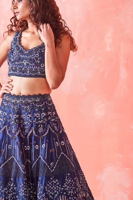 Mirroir_Blue Organza Lining Shantoon Sequin And Beads Embroidered Bridal Lehenga Set _Online_at_Aza_Fashions