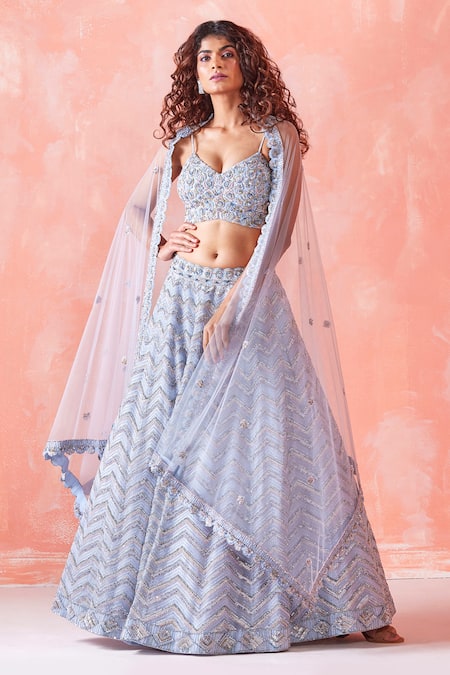 Buy Blue Skirt- Satin Organza Embellished Lehenga Saree With Blouse For  Women by Stotram Online at Aza Fashions.