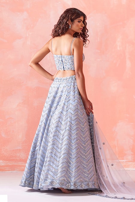 Shop Mirroir Blue Organza Lining Shantoon Sequin And Beads V Embroidered Bridal Lehenga Set at Aza Fashions Shop_Mirroir_Blue Organza Lining Shantoon Sequin And Beads V Embroidered Bridal Lehenga Set _at_Aza_Fashions
