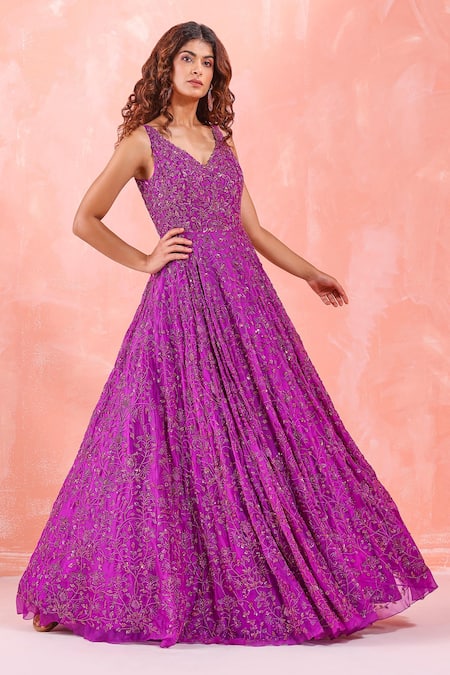 Mirroir Purple Organza Lining Shantoon Sequin And Bugle Beads V Embroidered Flared Gown
