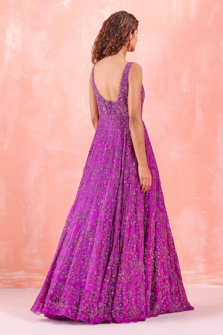 Shop Mirroir Purple Organza Lining Shantoon Sequin And Bugle Beads V Embroidered Flared Gown at Aza Fashions Shop_Mirroir_Purple Organza Lining Shantoon Sequin And Bugle Beads V Embroidered Flared Gown _at_Aza_Fashions