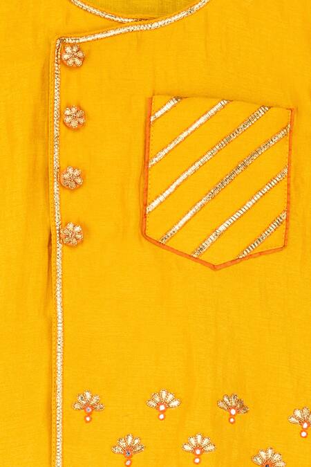 Minikin_Yellow , Satin Gota Patti Embroidered Angrakha Set _Online_at_Aza_Fashions