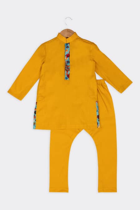 Minikin_Yellow Cotton, Silk, Poplin Embroidery Floral Peacock Print Kurta Set _Online_at_Aza_Fashions