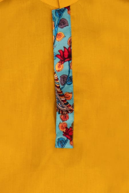 Shop_Minikin_Yellow Cotton, Silk, Poplin Embroidery Floral Peacock Print Kurta Set _Online_at_Aza_Fashions